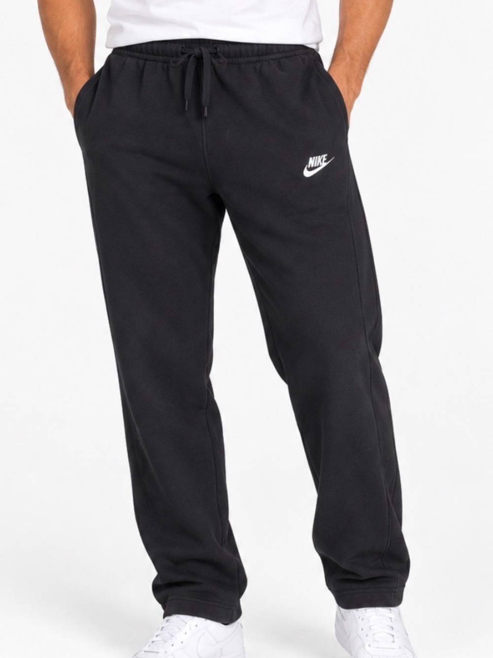 Nike black sweatpants swoosh logo pockets elastic waist open bottom comfort SZ L